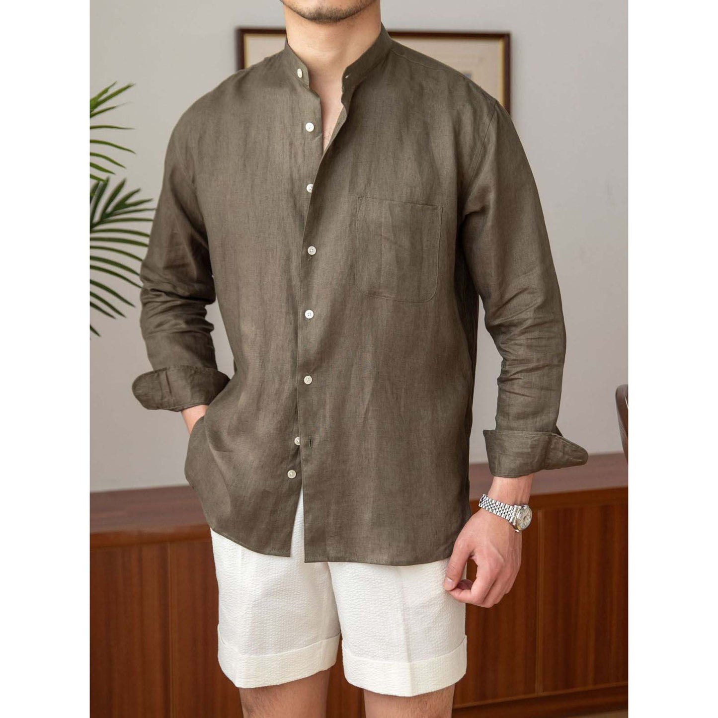 Mtmoiss Men Solid linen Long Sleeve shirt