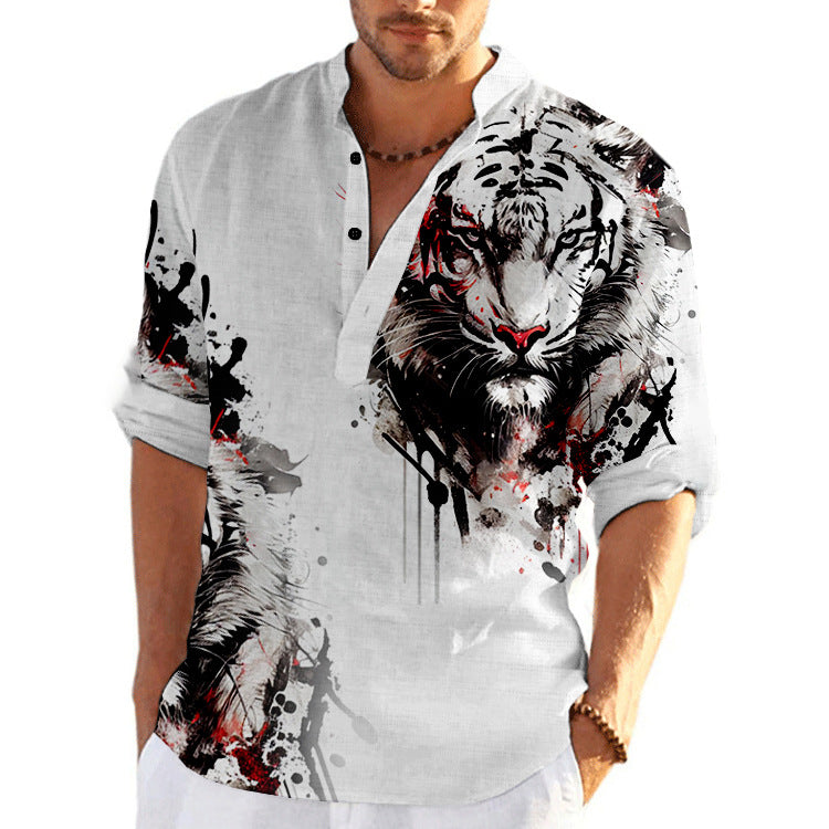 Mtmoiss Men Tinger 3D Printed Long Sleeves Linen Black Shirt