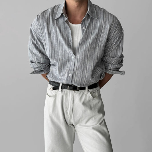 Mtmoiss Men Striped linen Long Sleeve shirt