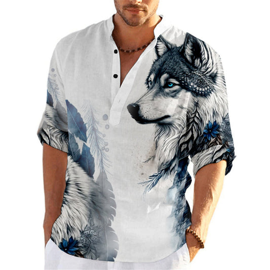 Mtmoiss Men Wolf 3D Printed Long Sleeves Linen Shirt