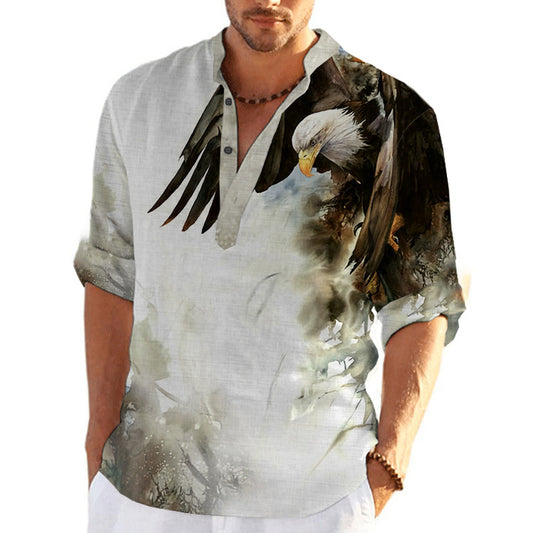 Mtmoiss Men Eagle 3D Printed Long Sleeves Linen Shirt