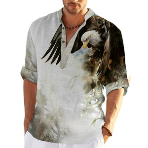 Mtmoiss Men Eagle 3D Printed Long Sleeves Linen Shirt