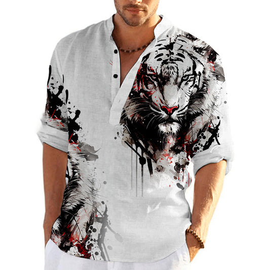 Mtmoiss Men Tinger 3D Printed Long Sleeves Linen Black Shirt