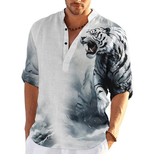 Mtmoiss Men Tinger 3D Printed Long Sleeves Linen Blue Shirt