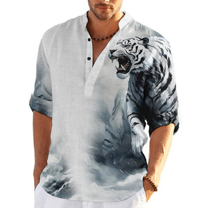 Mtmoiss Men Tinger 3D Printed Long Sleeves Linen Blue Shirt